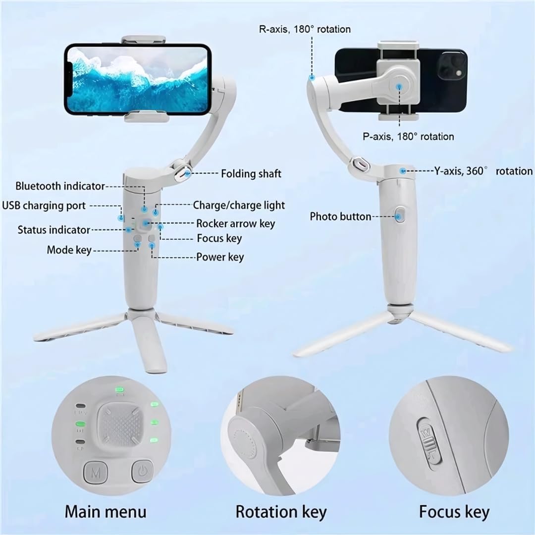 M1 3-Axis Smartphone Stabilizer Gimbal, White, Foldable Design, Portable Video Recording