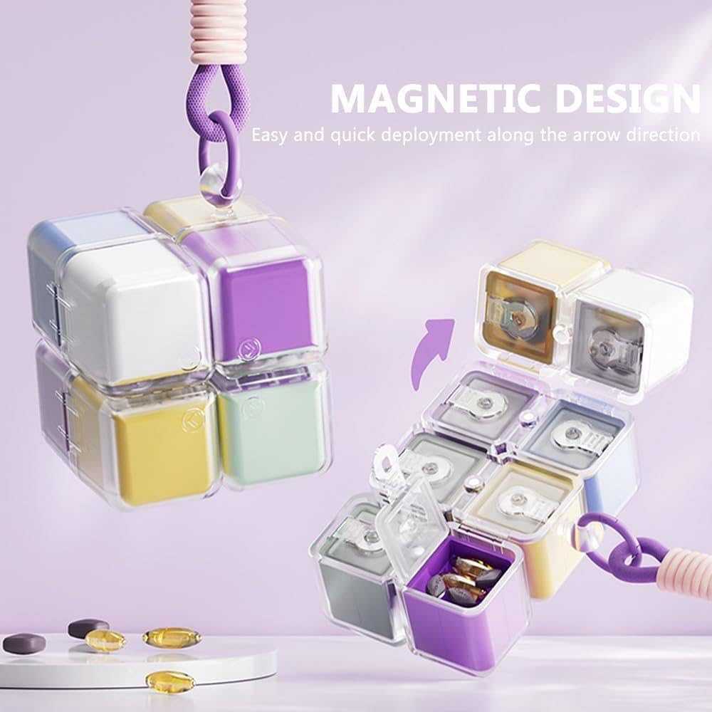 Magnetic Rubik Cube Pill Box Keychain – 8-Compartment Portable Medicine Organizer | Moisture-Proof Mini Travel Pill Holder with Secure Magnetic Lock & Key Ring for Tablets, Fish Oil & Supplements - 21132