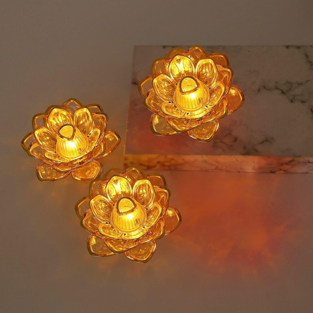 Lotus LED Tea Light Candles | Battery-Operated | Flameless & Smokeless | Multicolor Acrylic Design | Home Décor,Wedding, Festival {Golden} - 10300