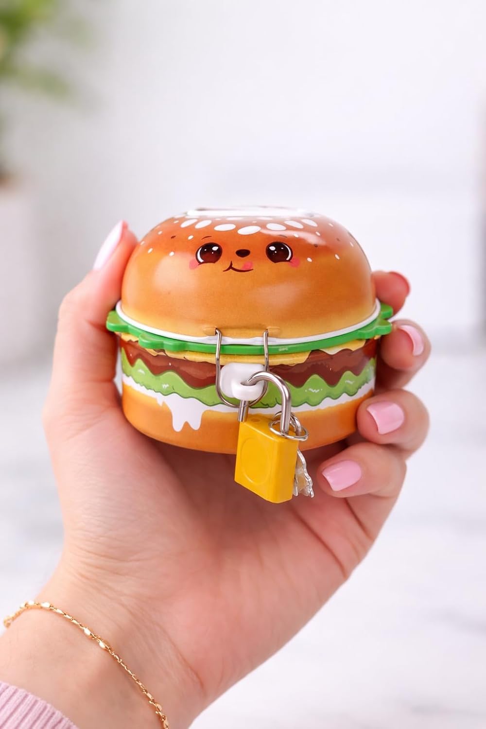 Cute Burger Shape Coin Box with Lock & Key | Cartoon Burger Piggy Bank for Kids | Metal Money Saving Box for Boys & Girls - 20364