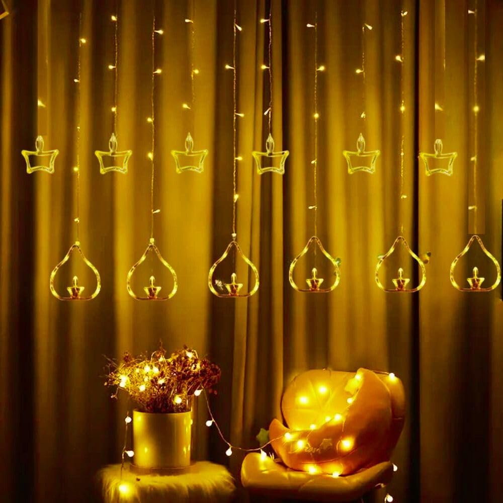 Diya Lights Diwali String Curtain Lights – Warm White Indoor & Outdoor Lights for Home, Wall, Window, Indian Wedding, Garden - 0520