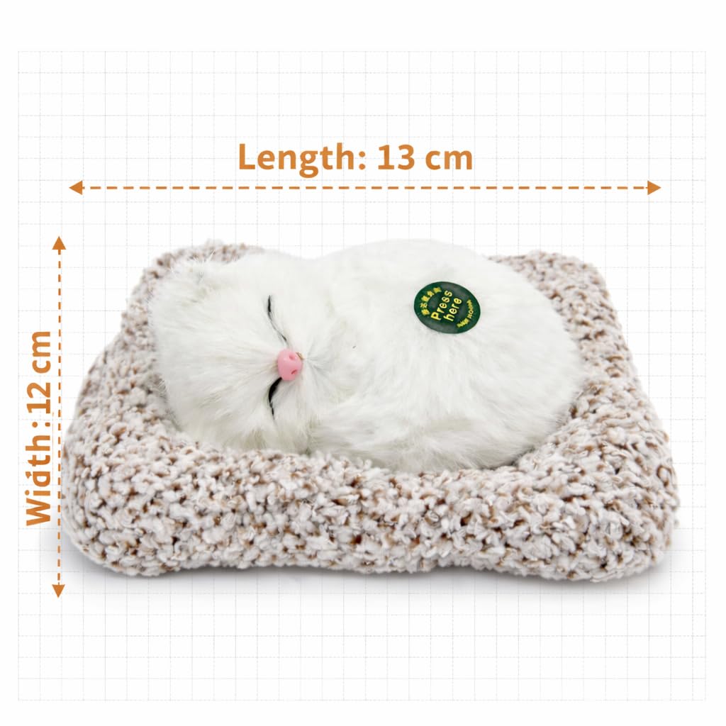 Plush Sleeping Cat Decorative Toy with Pink Nose, White Fluffy Fur, Car Dashboard Display - 1676