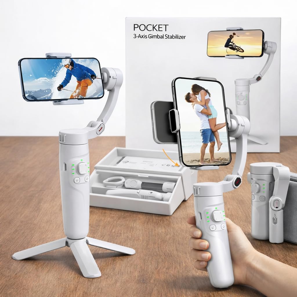 M1 3-Axis Smartphone Stabilizer Gimbal, White, Foldable Design, Portable Video Recording