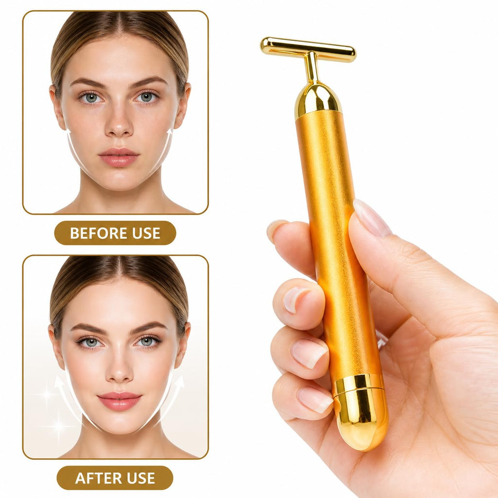 24K Gold Energy Beauty Bar Electric Facial Massager Vibration Face Roller Skin Tightening Anti Aging Tool, Wrinkle Remover for Face Neck Jawline - 20623