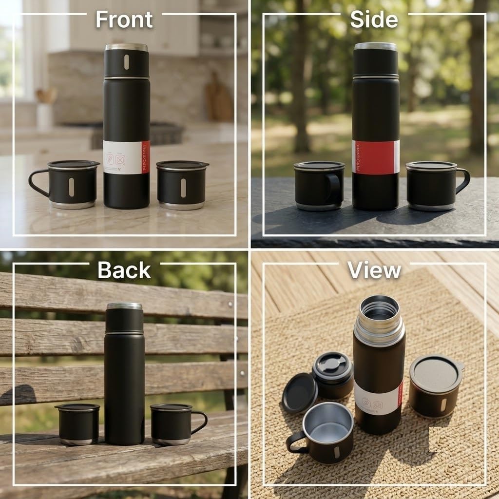 Classic Black 500ml Stainless Steel Vacuum Insulated Thermal Flask with Twin Cups, Leakproof Hot & Cold Water Bottle for Travel, Office & Daily Use - 21278