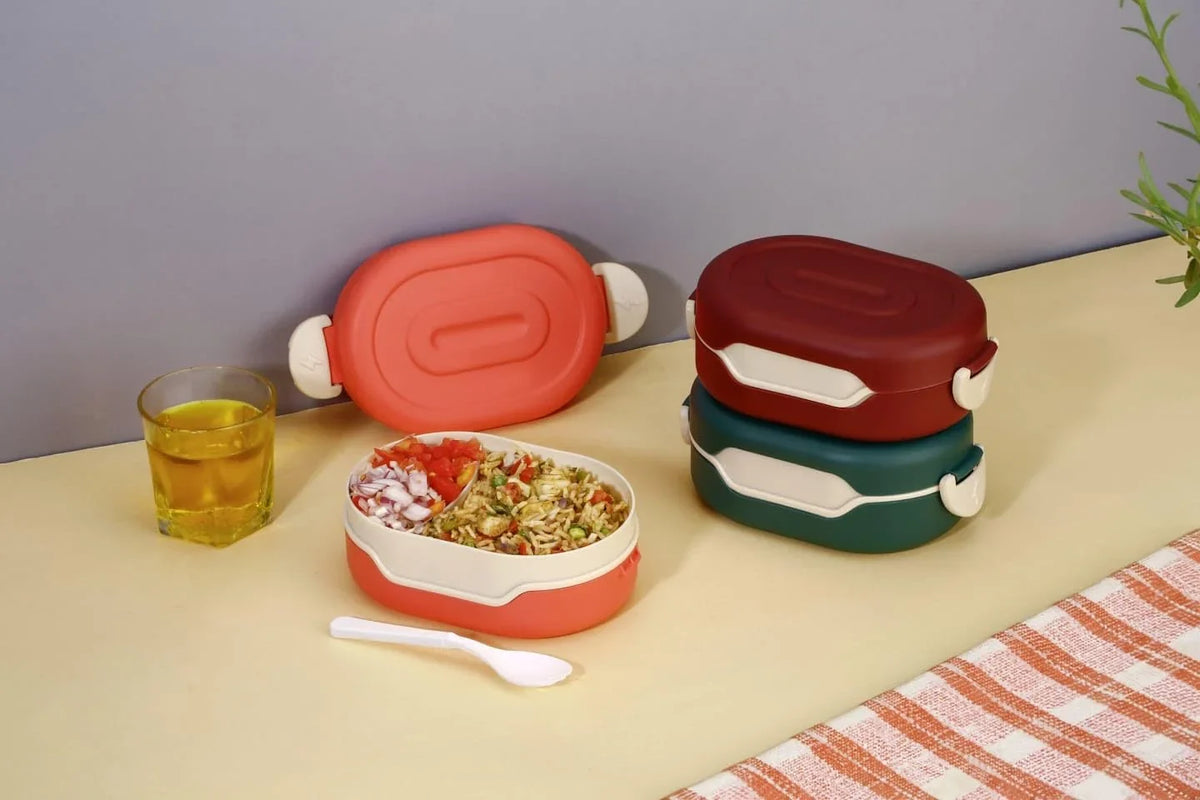 KITCHENWARE Plastic Insulation 2 Compartment Lunch Boxes Leak Proof Reusable Freezer Safe Lunch Box for Kids - 10464