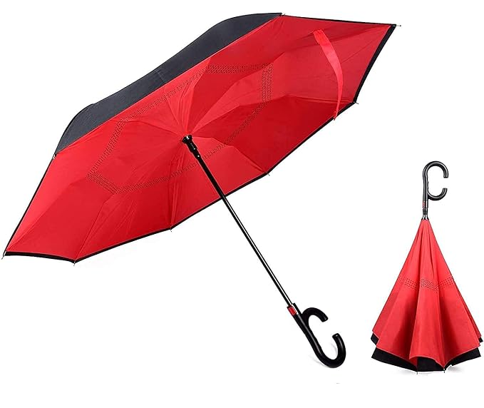 Folding Umbrella with C-Shaped Handle | Inverted Double Layer Windproof Umbrella | Self Standing Drip-Free Design | Waterproof Travel Umbrella for Men & Women {Random color} - 20769