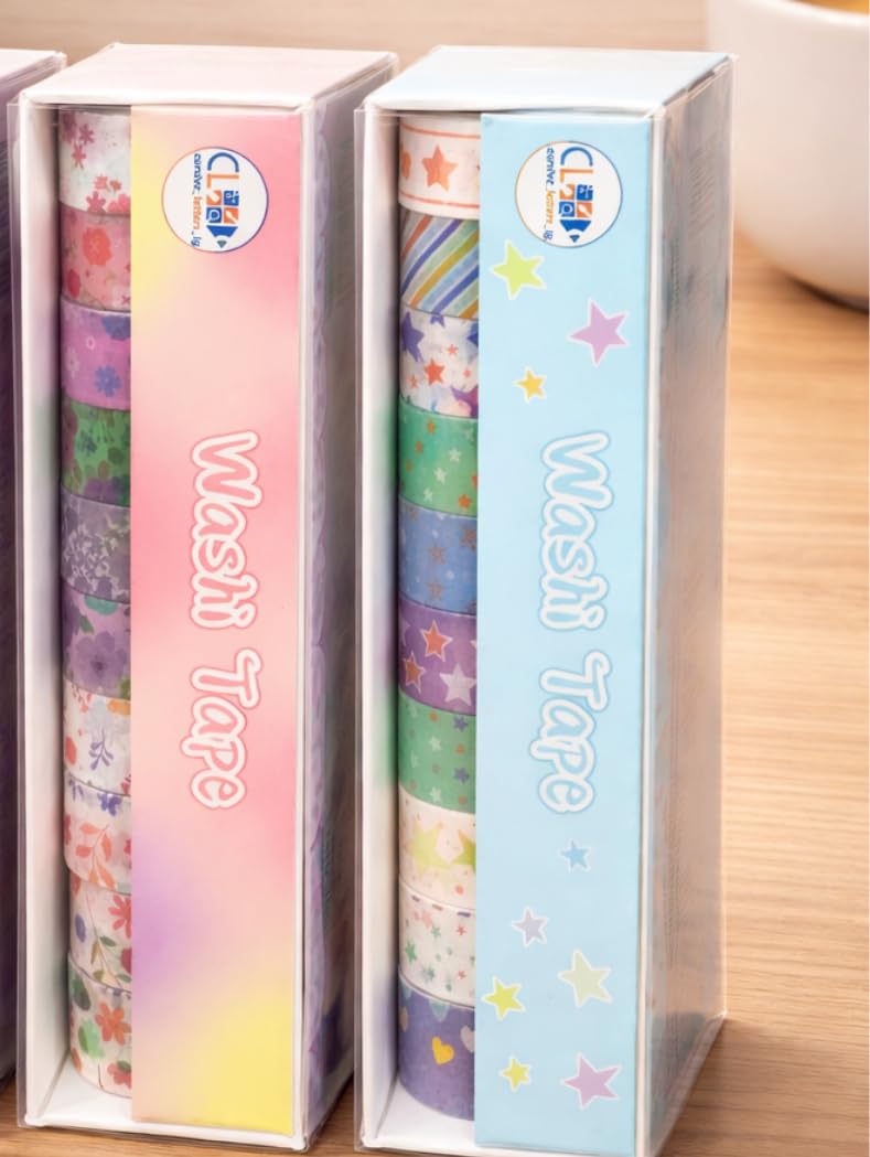 Washi Tape Combo Set (10 Rolls) | Cute Aesthetic Decorative Masking Tape for Journaling, Scrapbooking & DIY Crafts | Floral + Star Designs | 15mm x 2m Each - 20742