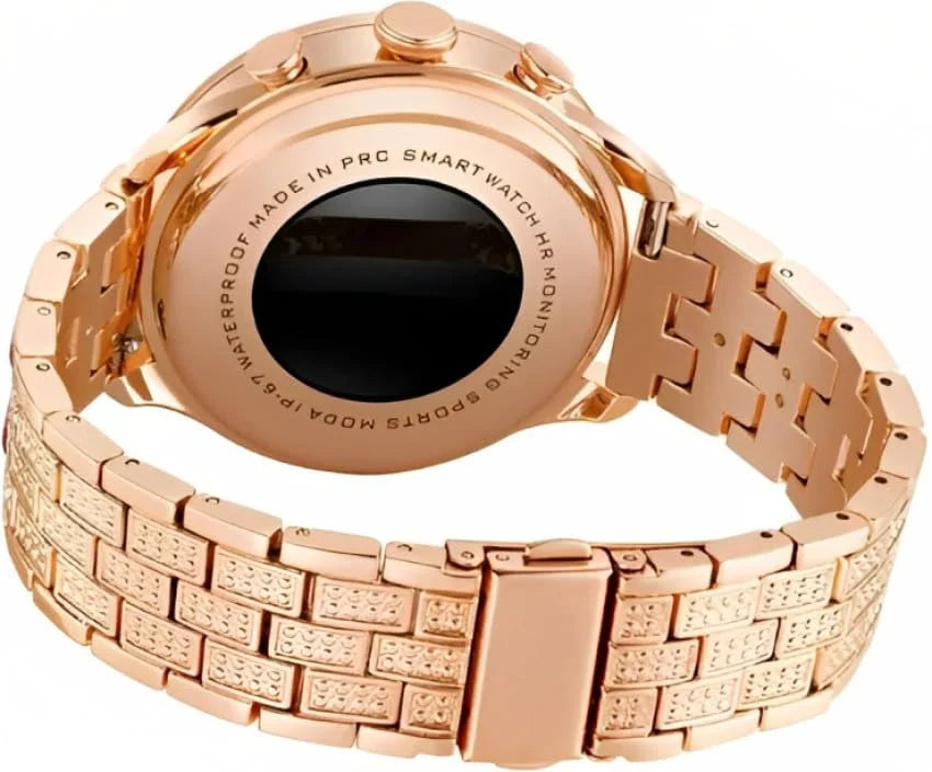 GEN 9 Golden Round Diamond Smartwatch for Women | Ultra Luxury Rose Gold Bracelet Smart Watch Bluetooth Call, Wireless Charge, Fashionable Fitness Tracker-Golden Version