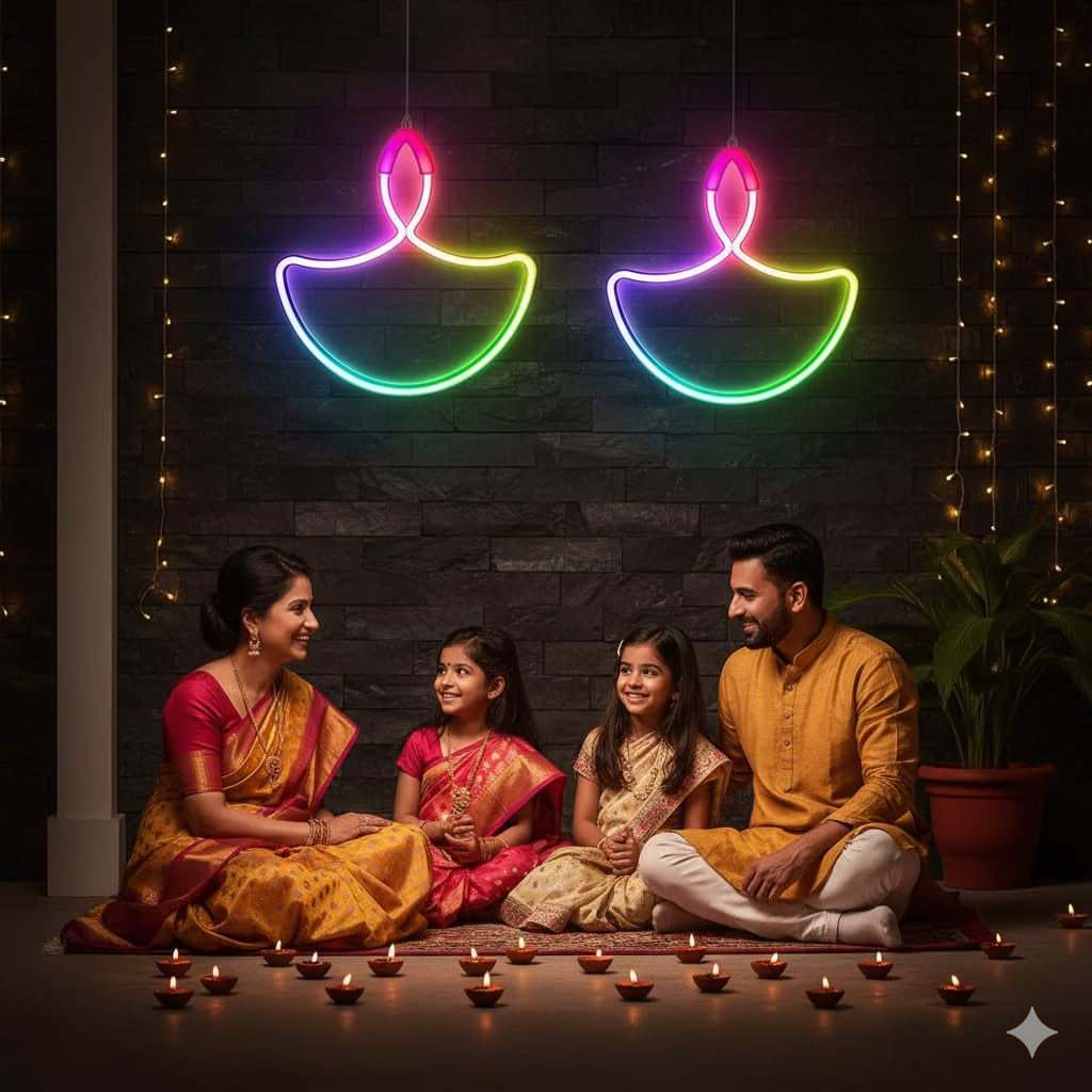 TechPride Neon LED Diya Light, Multicolor, Pack of 2 | Hanging Decorative Lights for Diwali, Festival, Home & Temple Décor Diya - 21207