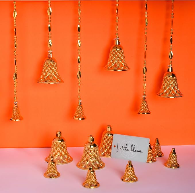 Little Blooms 100-pcs Golden Plastic Hanging Bells for Home Decoration - Small Bells for Decoration Hanging - DIY Craft Decoration Bell Set 1.75 Inch - 21072