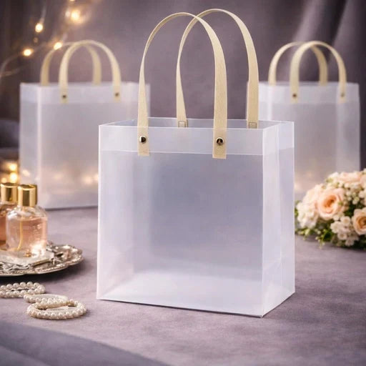 {Pack of 12} Translucent Gift Bags with Golden Handle|Gift Bags for Wedding Christmas Valentine Day Birthday Anniversary Party Return Gift - 20946