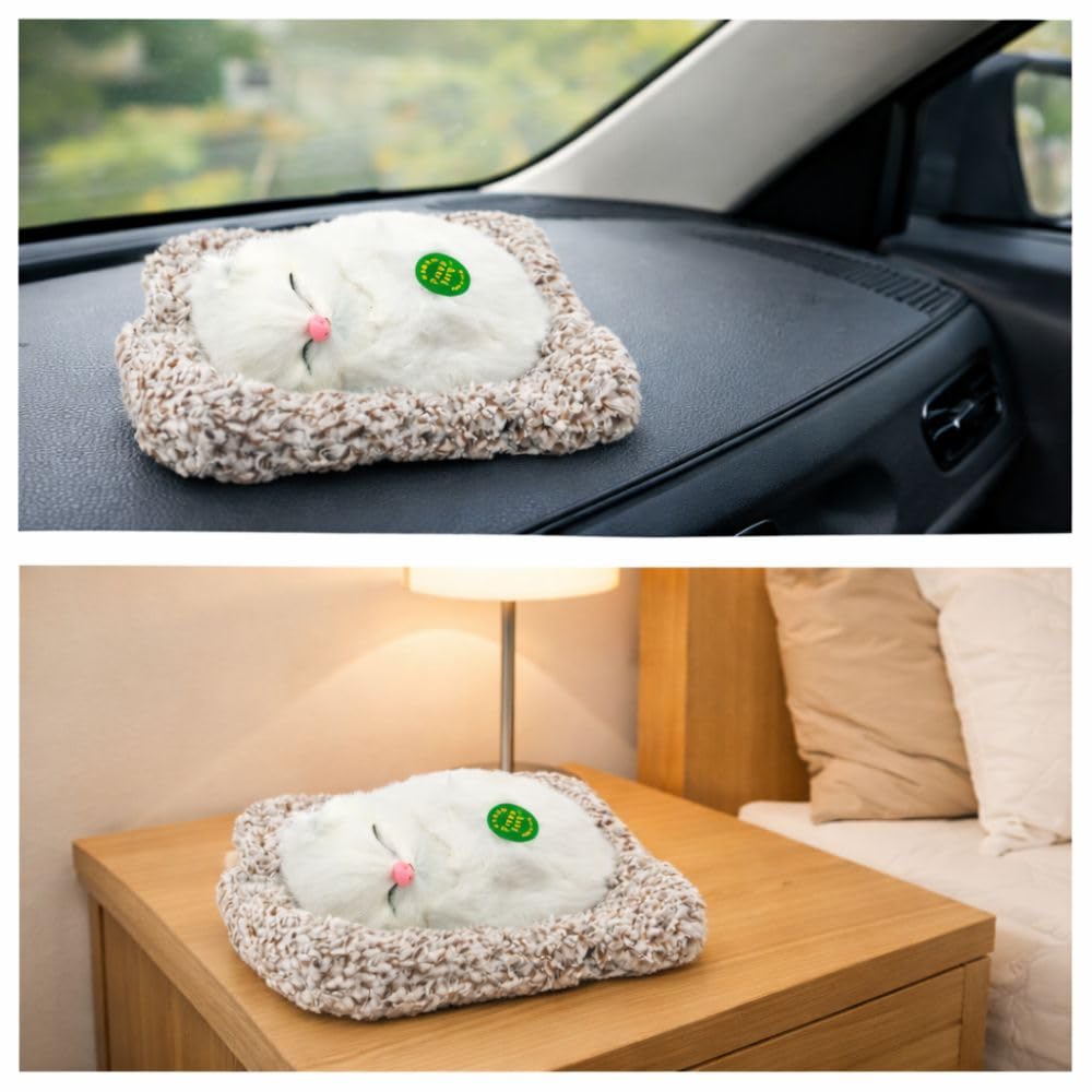 Plush Sleeping Cat Decorative Toy with Pink Nose, White Fluffy Fur, Car Dashboard Display - 1676