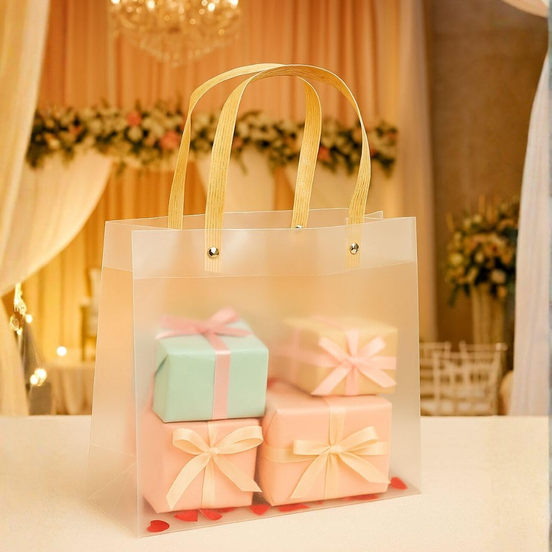 {Pack of 12} Translucent Gift Bags with Golden Handle|Gift Bags for Wedding Christmas Valentine Day Birthday Anniversary Party Return Gift - 20946