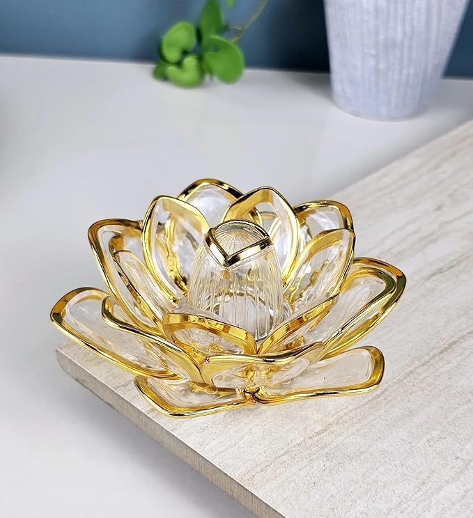 Lotus LED Tea Light Candles | Battery-Operated | Flameless & Smokeless | Multicolor Acrylic Design | Home Décor,Wedding, Festival {Golden} - 10300