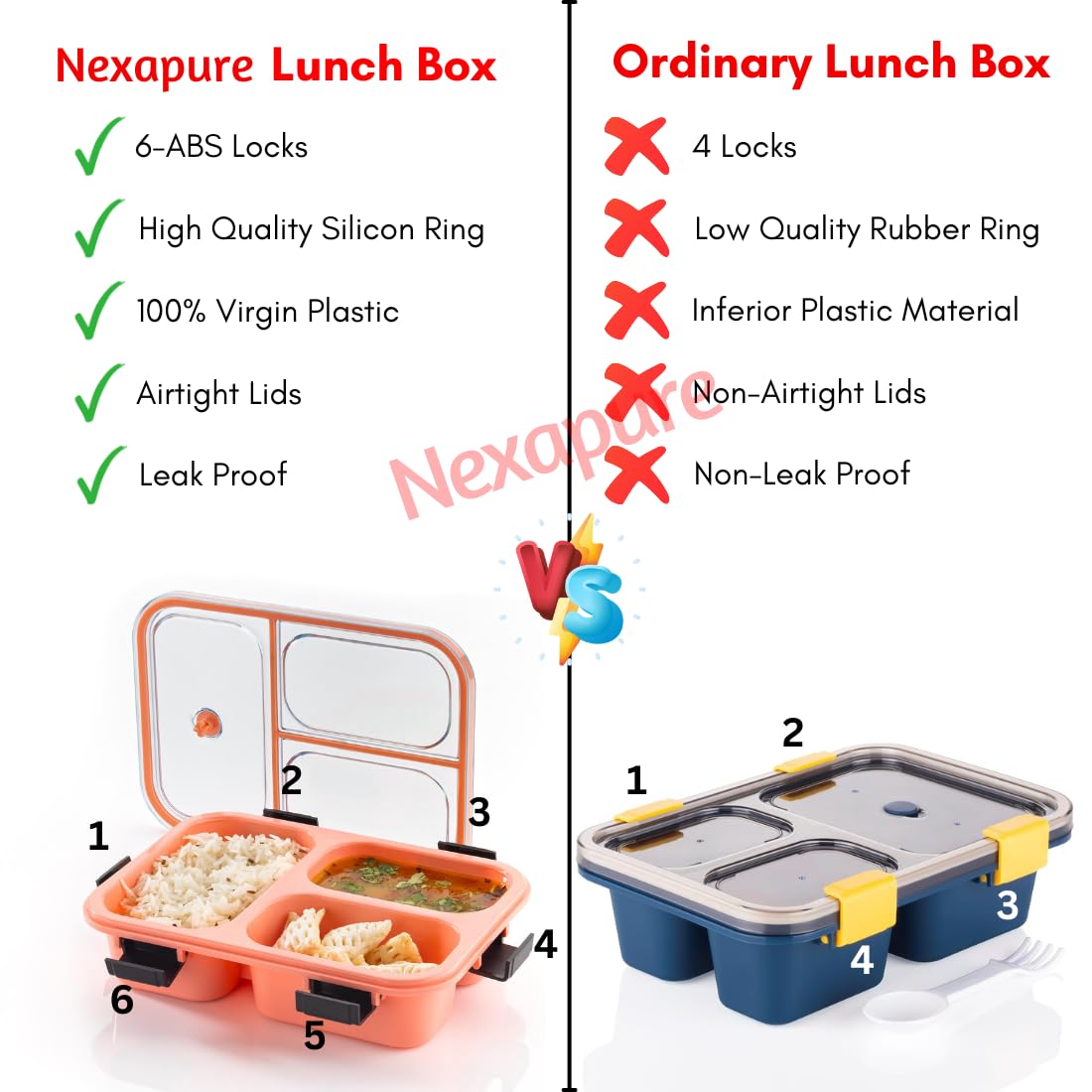 3 Compartment Transparent Lid Tiffin Lunch Box | Silicone Seal Ring | For Kids And Adults Office Women And Men - 10512