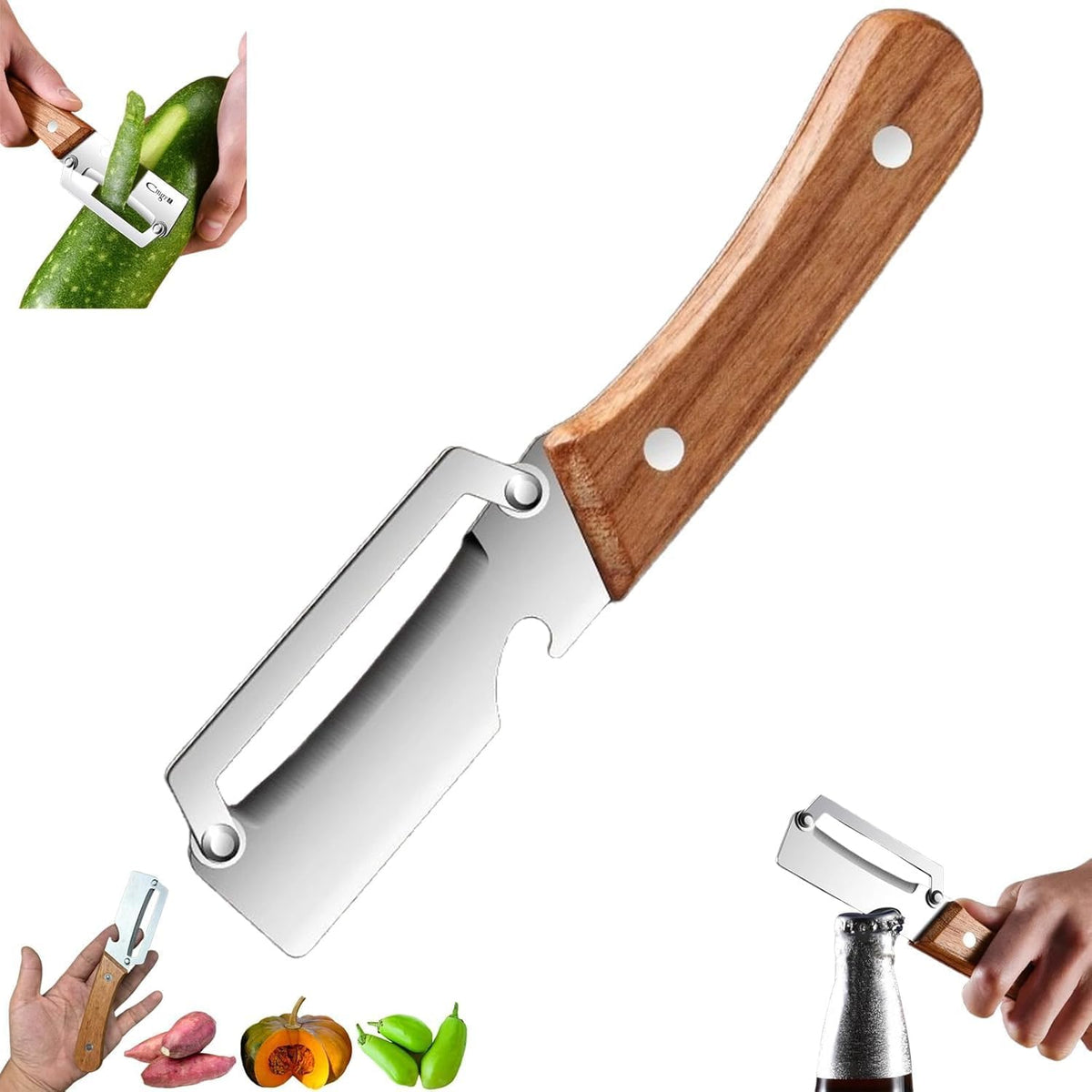 Multi-Functional Vegetable Peeler for Kitchen, Stainless Steel Peeler with Wooden Handle and Bottle Opener, Single Blade Peelers Tool, Suitable for Vegetables or Fruits (3 in 1 Fruit Peeler) - 20796