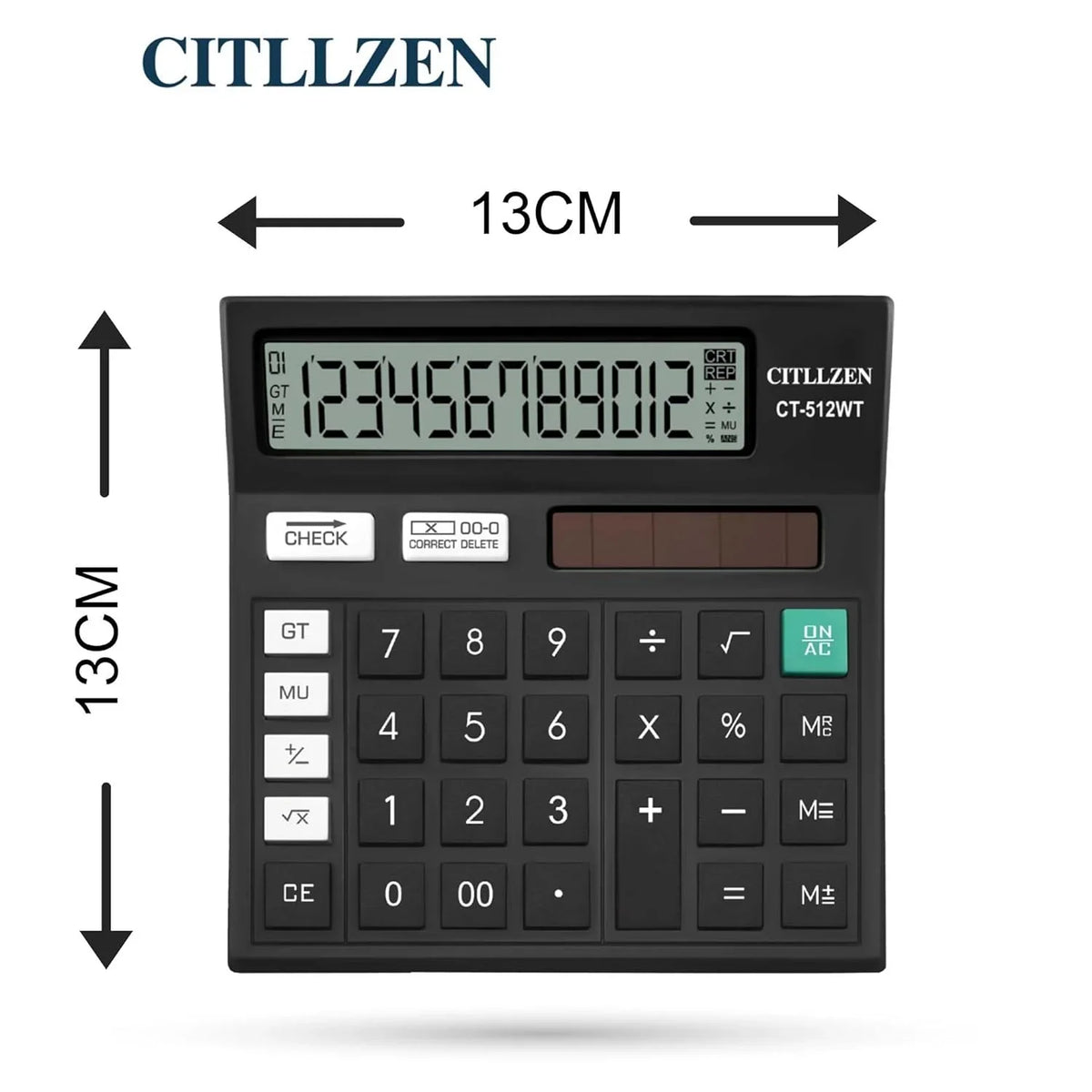 CT-512WT Desktop Calculator, 12-Digit LCD Display, Black, Solar and Battery Powered, Basic Office Calculator