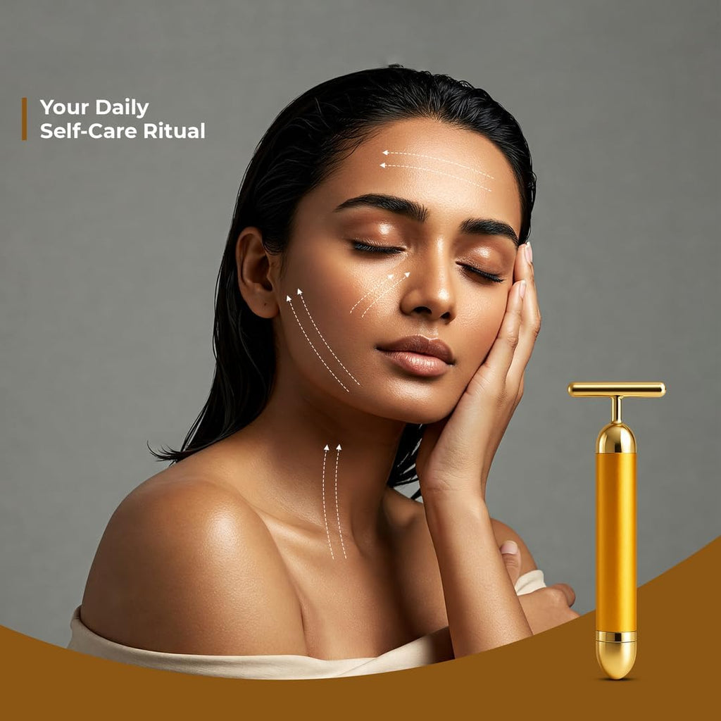 24K Gold Energy Beauty Bar Electric Facial Massager Vibration Face Roller Skin Tightening Anti Aging Tool, Wrinkle Remover for Face Neck Jawline - 20623