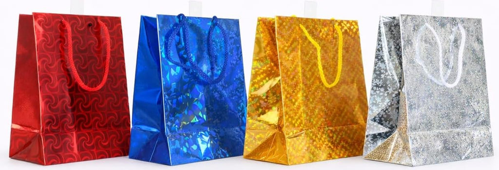 {Pack of 12} Colours Holographic Gift Bags Small Size Christmas Birthday Wedding Favour Present Bags All Occasions - 20741