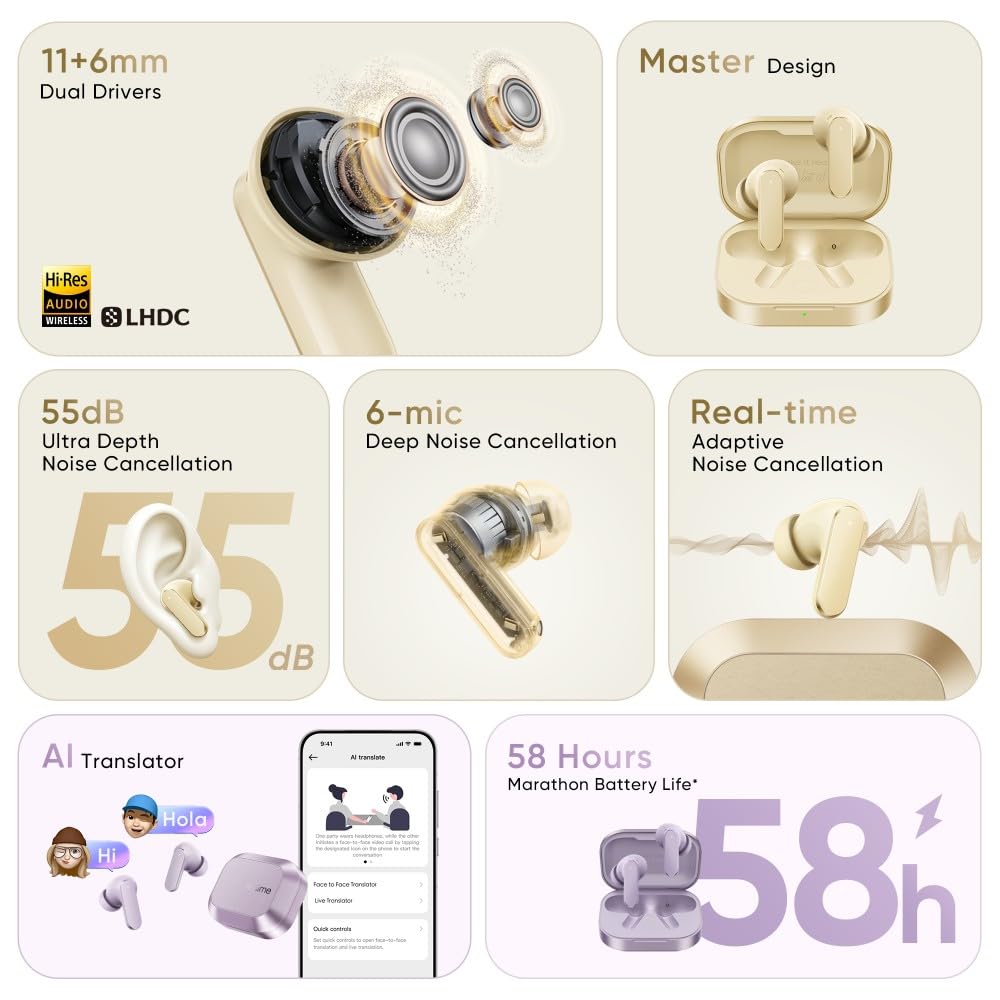 Air Buds 8,11mm+6mm Dual Dynamic Bass Drivers,58Hrs Playtime, 55dB ANC,6 Mic ENC, 45ms Low Latency, 360° Spatial Audio {Random Color} - 20626