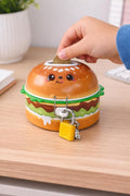 Cute Burger Shape Coin Box with Lock & Key | Cartoon Burger Piggy Bank for Kids | Metal Money Saving Box for Boys & Girls - 20364
