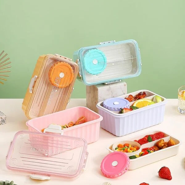 Lunch Box 2000 ml BPA-Free Lunch Box for Children/Adults with Soup Bowl and Cutlery and 3 Compartments Microwave Safe Bento Boxes for Picnic School Work - 1765
