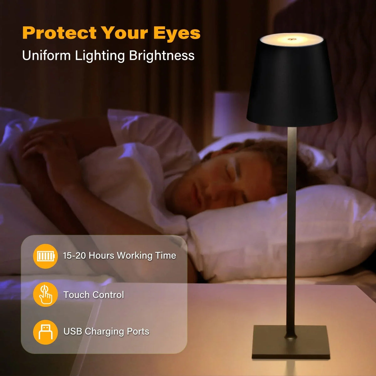 Cordless Table Lamps, 3 Colors Stepless Dimming, 5000mAh Rechargeable Battery LED Desk Lamp for Bedroom/Couple Dinner/Desk/Cafe/Dining Room/Terrace (Black) - 20158