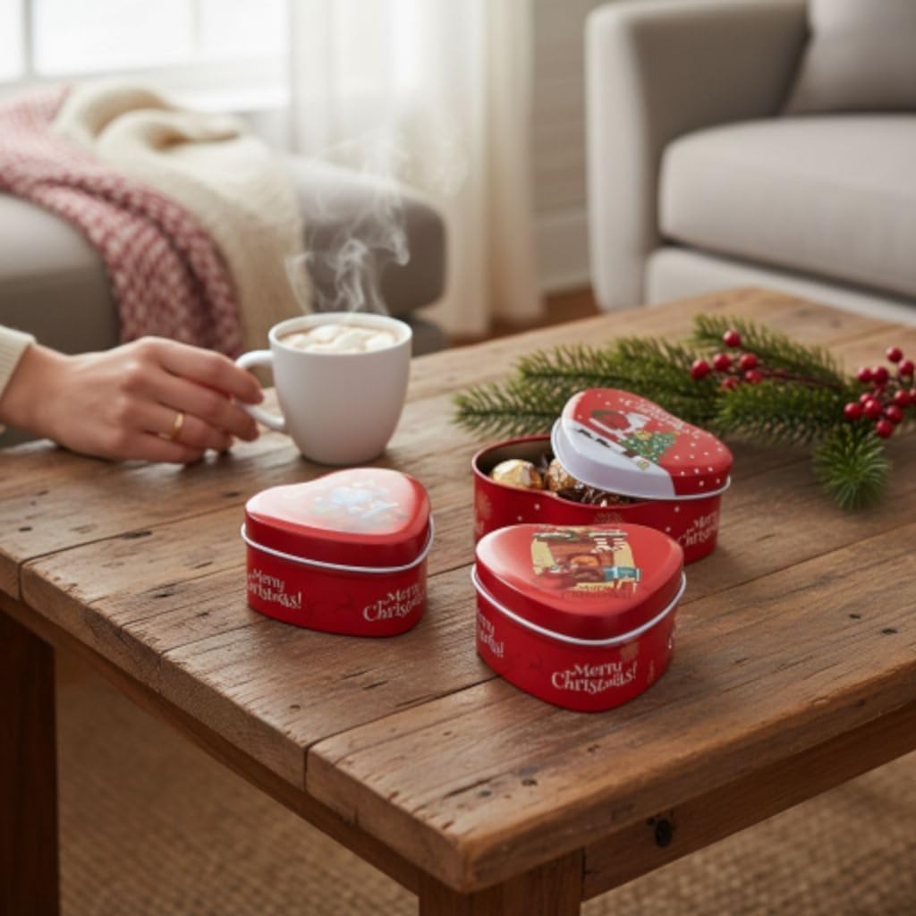 Christmas Heart-Shaped Tin Box, Red Metal Storage Containers with Holiday Designs, Decorative Gift Boxes - 30306