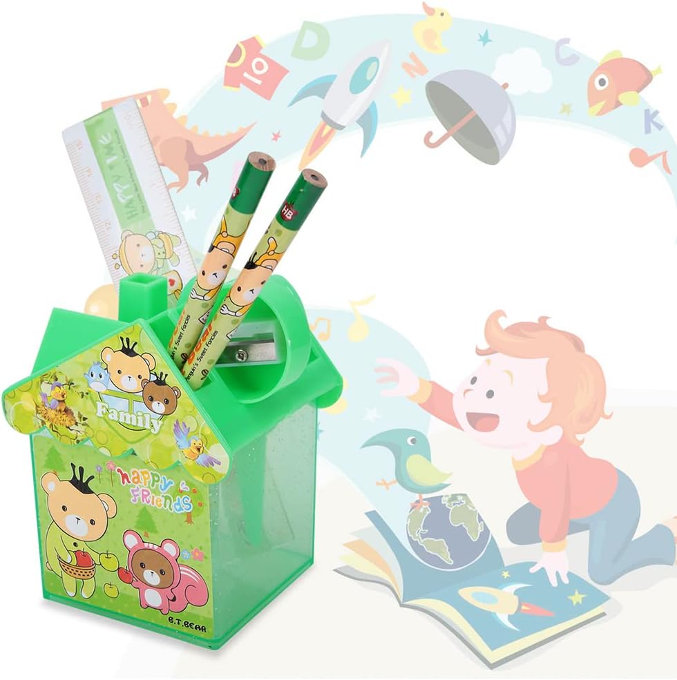 Pen Holder, Cartoon Small House Shape Pencil Stand with Scissors Pencil Ruler Sharpener Desk Pen Organiser Kids Stationery {Random Color} - 20745
