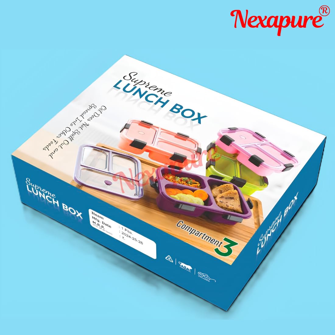 3 Compartment Transparent Lid Tiffin Lunch Box | Silicone Seal Ring | For Kids And Adults Office Women And Men - 10512