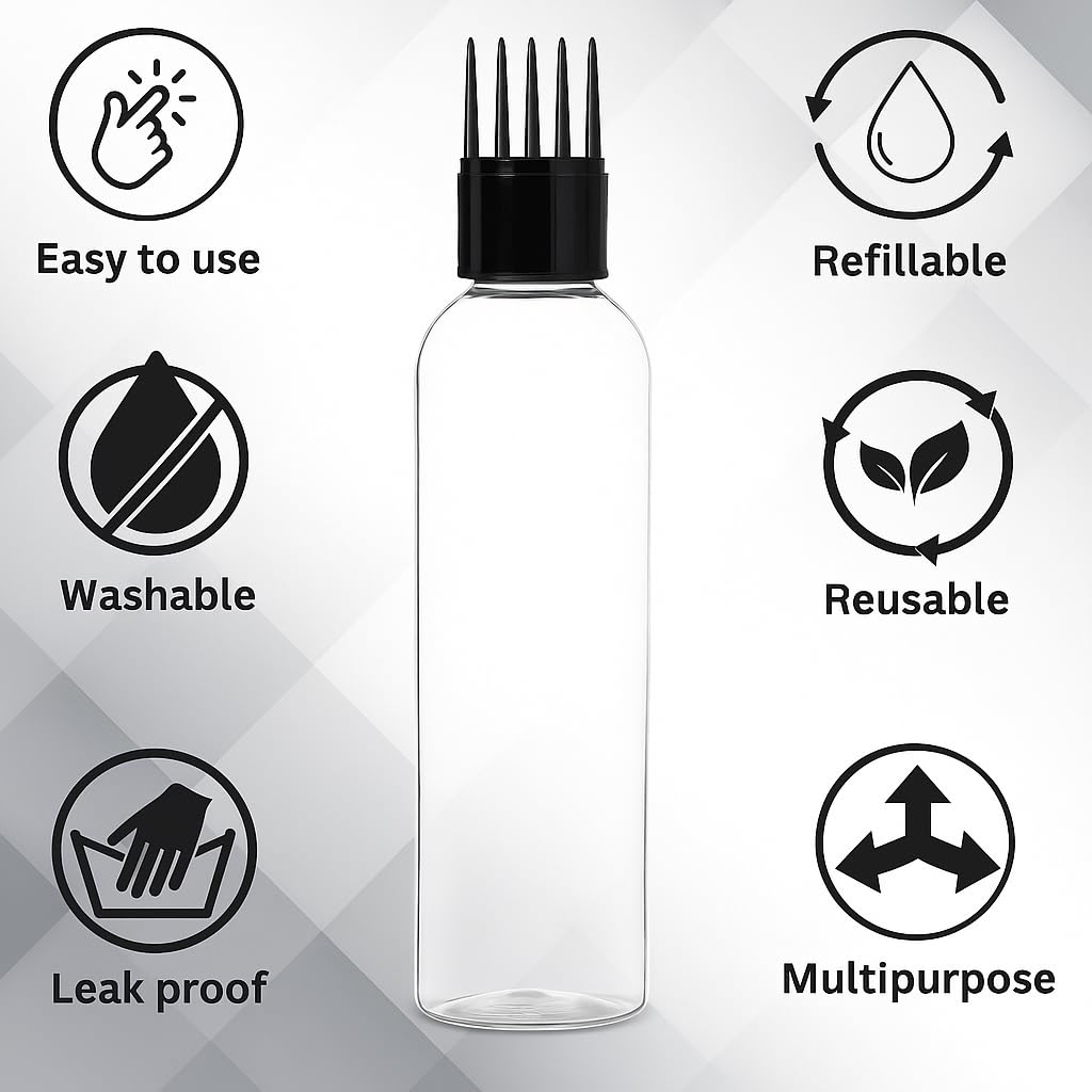Hair Oil Applicator Bottle with Comb Nozzle 100ml Transparent Refillable Leak-Proof Hair Root Comb Bottle - 20465