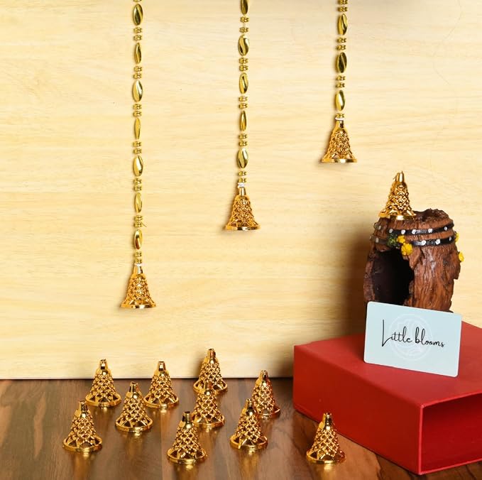 Little Blooms 100-pcs Golden Plastic Hanging Bells for Home Decoration - Small Bells for Decoration Hanging - DIY Craft Decoration Bell Set 1.75 Inch - 21072