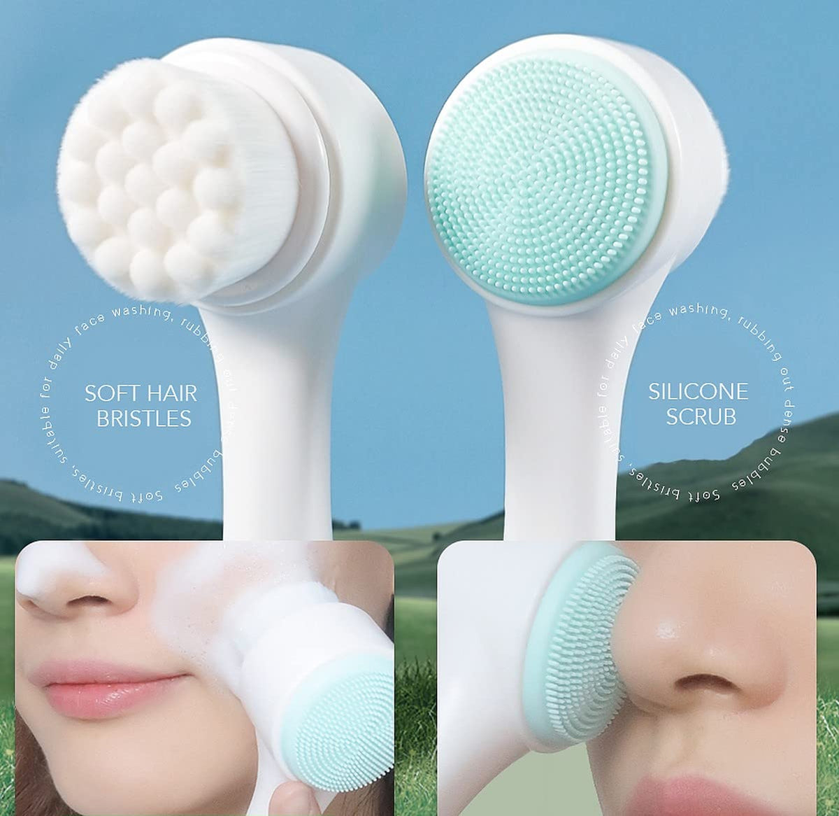 Manual Facial Cleansing brush, 2-in-1 Skin Care face brush, silicone facial scrubber Manual Dual Face Wash Brush for Deep Pore Exfoliation Massaging - 20552