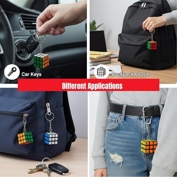 (Pack Of 12) Rubix Cube Keychain Pack | 3x3 Magic Cube Keyring Puzzle Toy | Cartoon Keychains For Kids | Birthday Return Gifts, Party Favor Keychains Set - 20878