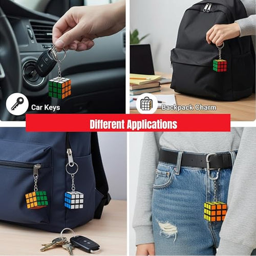 (Pack Of 12) Rubix Cube Keychain Pack | 3x3 Magic Cube Keyring Puzzle Toy | Cartoon Keychains For Kids | Birthday Return Gifts, Party Favor Keychains Set - 20878