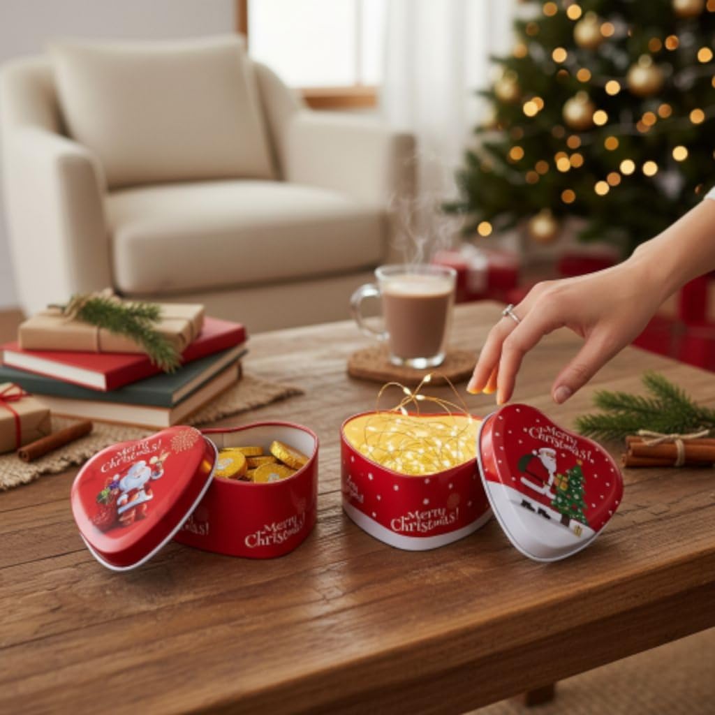 Christmas Heart-Shaped Tin Box, Red Metal Storage Containers with Holiday Designs, Decorative Gift Boxes - 30306