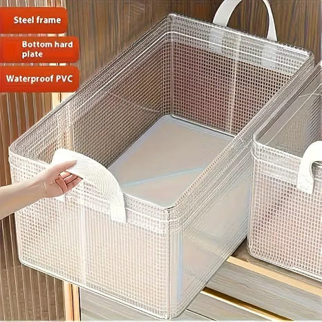 Transparent foldable cloth organizer 26l | Steel Frame Wardrobe Organizer | Foldable Clothes Storage for cloth, toy, blanket | Foldable Non Woven Wardrobe Organizer Clothes Container - 21248