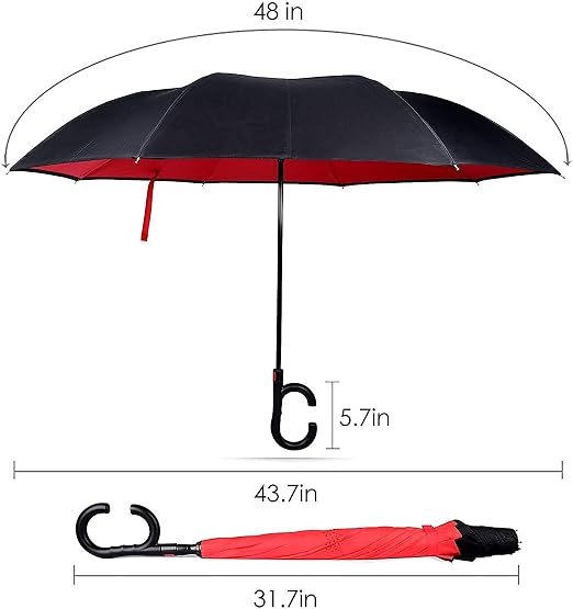 Folding Umbrella with C-Shaped Handle | Inverted Double Layer Windproof Umbrella | Self Standing Drip-Free Design | Waterproof Travel Umbrella for Men & Women {Random color} - 20769