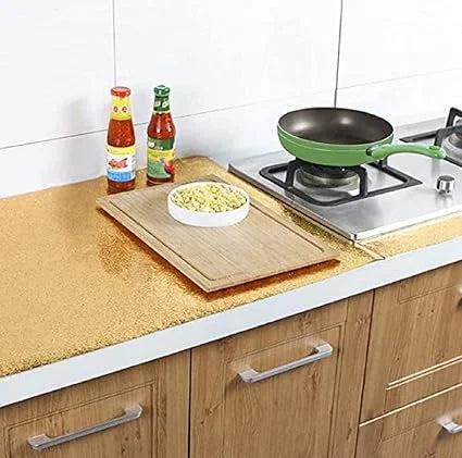 Golden Curly Kitchen Shelf Adhesive Sheets, Kitchen Stickers for Wall, Waterproof kitchen roll - 2588