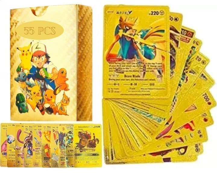 Pokémon Card Set – 55 Rare Unofficial VMAX GX VSTAR Cards | Shiny Battle Trading Cards for Fans & Collectors | Gift Pack - Gold - 21101
