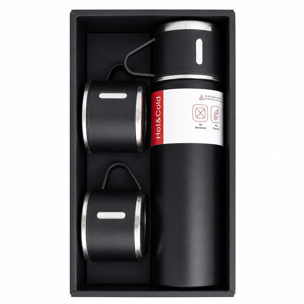 Classic Black 500ml Stainless Steel Vacuum Insulated Thermal Flask with Twin Cups, Leakproof Hot & Cold Water Bottle for Travel, Office & Daily Use - 21278