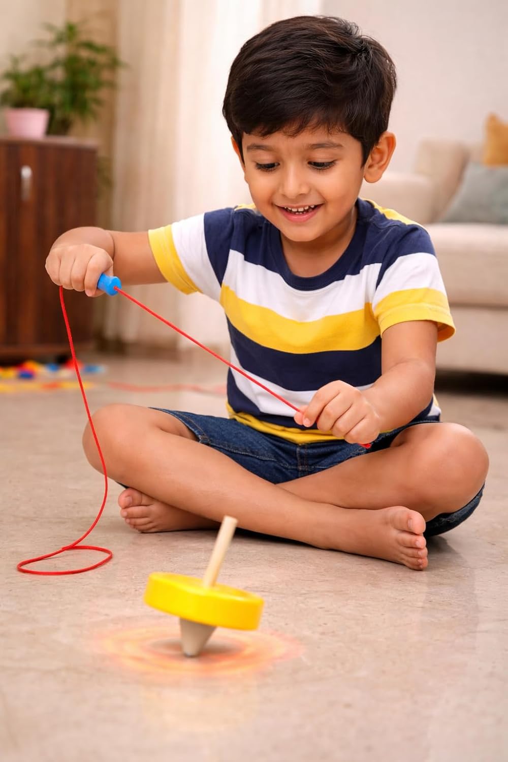 Wooden Spinning Top Toy | Traditional Lattu Pambaram Buguri Bongaram | Classic Hand Spin Toy for Kids Fun Play Color May Vary - 20684
