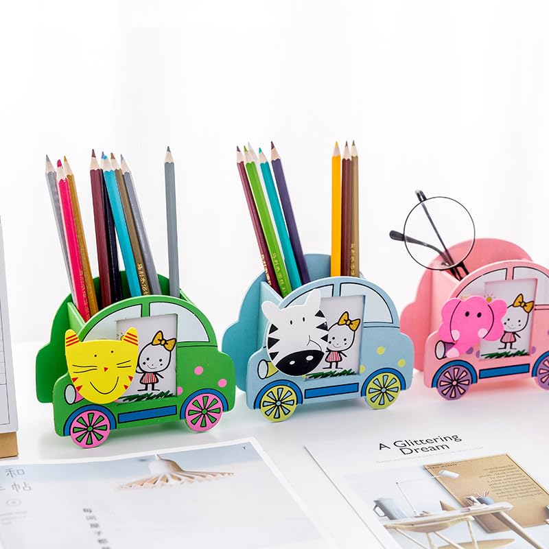 Wooden Pen Stand With Photo Frame | Pen Pencil Brush Craft Storage Container Holder | Birthday Gifts For Kids {Random Design} - 20549