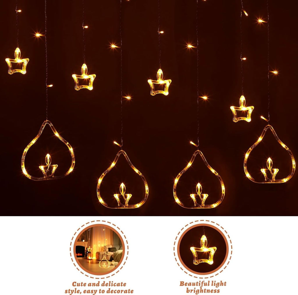 Diya Lights Diwali String Curtain Lights – Warm White Indoor & Outdoor Lights for Home, Wall, Window, Indian Wedding, Garden - 0520