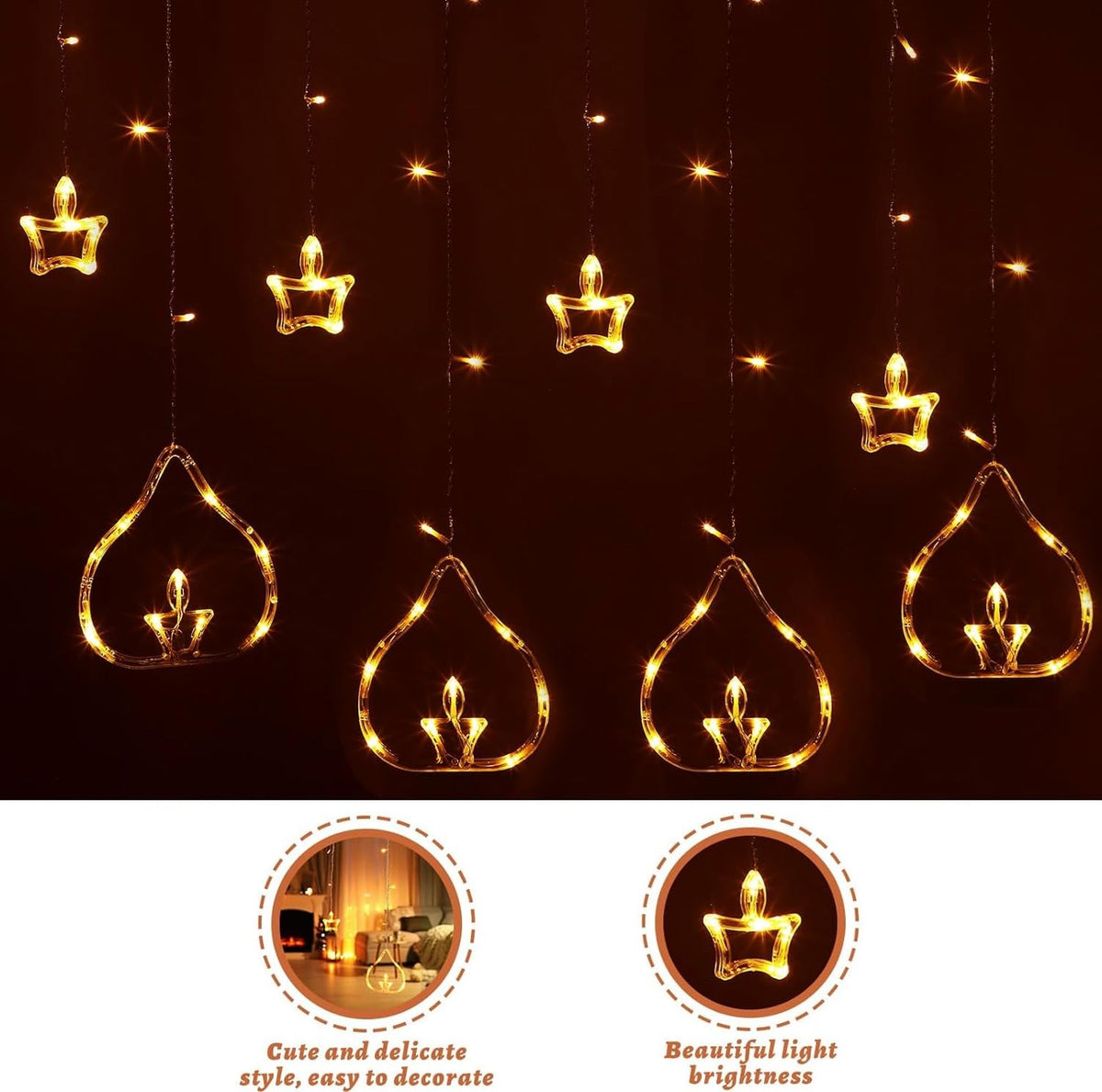 Diya Lights Diwali String Curtain Lights – Warm White Indoor & Outdoor Lights for Home, Wall, Window, Indian Wedding, Garden - 0520