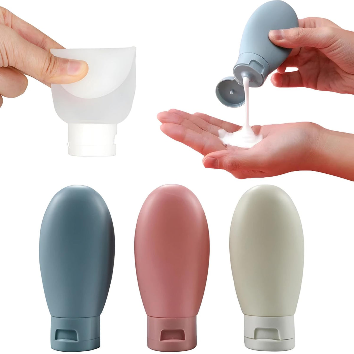 (3 PCS) Travel Bottle Set 60ml Empty Silicone Plastic Shampoo Shower Gel Lotion Refillable Liquid Container Squeeze Cosmetic Portable Tube Small Size Leakproof for Travelling - 20739