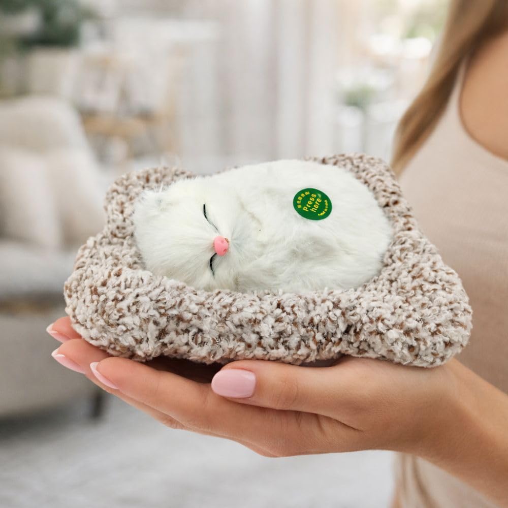 Plush Sleeping Cat Decorative Toy with Pink Nose, White Fluffy Fur, Car Dashboard Display - 1676