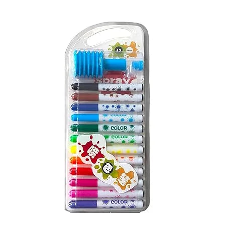 {12 Pieces} Colorful Pen Set with Spray Cum Sketch Pen with Stencils Drawing Set for Children Watercolor Safe Non-toxic Washing Graffiti DIY Multicolored- Birthday Return Gifts for Kids - 728