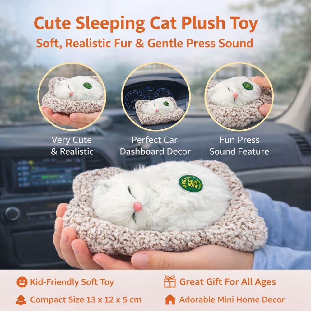 Plush Sleeping Cat Decorative Toy with Pink Nose, White Fluffy Fur, Car Dashboard Display - 1676